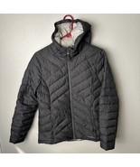 Eddie Bauer Down Puffer Jacket Women&#39;s Medium Dark Gray Hooded Zip Up Ho... - $39.87