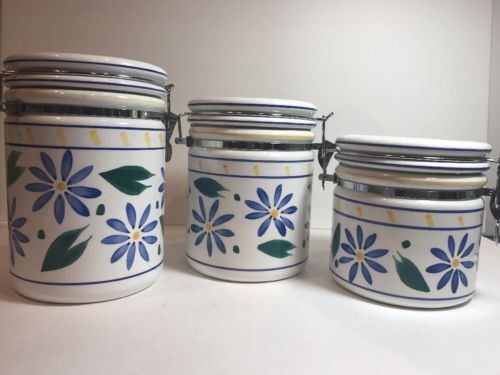 Certified International 3Pc. Hinged Canister Sealed Ceramic Blue Floral & Yellow - $39.59