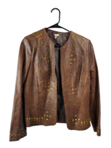 Reba Leather Jacket Womens Small Gold Studded Brown Leather Collarless Cropped - £71.22 GBP