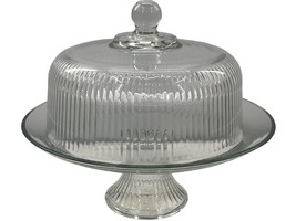 Vintage Covered Cake Stand Ribbed Cover &amp; Pedestal Clear Glass Cake Plate - £71.20 GBP