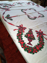 Wonderful Mid Mod Vintage Christmas Fruit Topiary and Candle Cotton Tablecloth - £22.30 GBP
