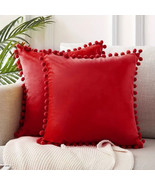 Set of 2 Red Velour PomPom Trim Throw Pillow Covers Shams Lot Pom Pom 17... - $12.99