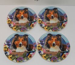 Set of 4 Vintage Ceramic &amp; Cork Wine Oval Round Coasters Collie Dog - $14.80