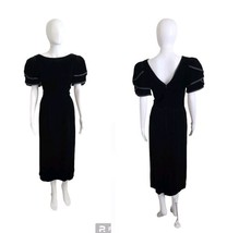 Vintage Lanz Women Black Puff Sleeve Velvet Pencil Midi Dress Sz 10, W27... - $48.51
