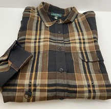 Ralph Lauren Button Up Shirt Womens Large XL Brown Black Plaid Linen Long Sleeve - £13.20 GBP