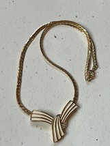 Vintage Trifari Signed Goldtone Woven Chain w Cream Enamel Ribbon Pendant Neckla - $18.52