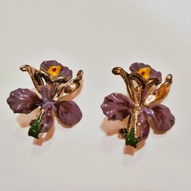 Vintage Enamel Brooch, Purple Iris Flower, Gold Tone Metal Pin, Gardener Gift image 4