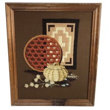 Vintage Embroidery Southwest Wood frame Crewel Needlepoint 60s 70s Wall Art - $44.55
