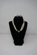 Faux Pearl with Blue &amp; Pink Accent Stones 3 Strand Necklace &amp; Earring Set - £31.45 GBP