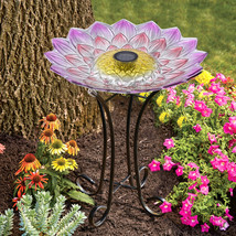 Floral Solar Glass Bird Bath W/Metal Stand-Pink Dahlia Summer Garden Decor - $79.99