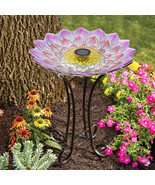 Floral Solar Glass Bird Bath W/Metal Stand-Pink Dahlia Summer Garden Decor - £63.20 GBP