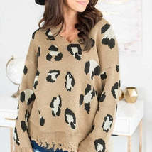 Women Leopard Print  Bat Sleeve Tassel Pullover Sweater - £9.92 GBP
