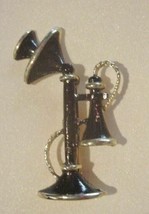 Candlestick Telephone Pin Brooch Enamel Black Vintage - £29.73 GBP
