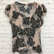 Worthington Womens Blouse Black Peach Floral Puff Sleeve Scoop Neck Stretch S - £3.91 GBP