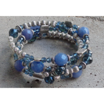 Premier Designs Silver Blue Aventurine Stone Glass Beaded Coil Wrap Bracelet - $32.66