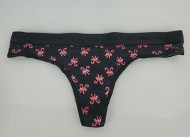 Victoria&#39;s Secret Women&#39;s Cotton Shine Logo Thong Panty Black Candy Cane... - $16.34