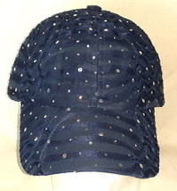 Womens Baseball Style Cap Hat Navy Blue Navy Ribbon Stripes Flat Round Metal Cir - £15.64 GBP