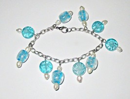 Chunky Blue Venetian Glass Bead &amp; Baroque Pearls Charm Bracelet 7 1/2&quot; Long - £7.97 GBP