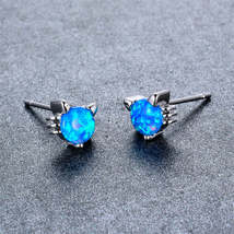 Blue Opal &amp; Silver-Plated Kitty Stud Earrings - £11.95 GBP