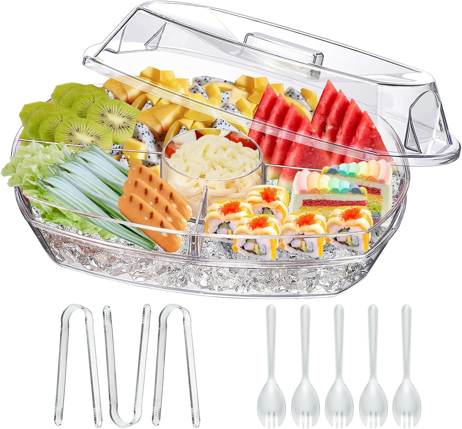 Ice Chilled Party Platter, 15 Inch Clear Veggie Fruit Trays With Lid And... - $41.97
