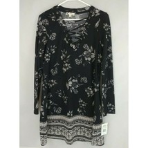 NWT About a Girl Knit Boho Dress L/S Lace Up Neckline Black Floral Size L - $206.22 MXN