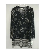 NWT About a Girl Knit Boho Dress L/S Lace Up Neckline Black Floral Size L - $10.88