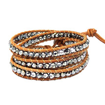 Natural Beauty Silver Crystal Triple Wrap Nude Leather Bracelet - £20.77 GBP