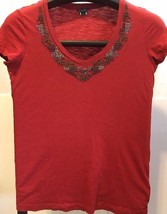 Eddie Bauer Women&#39;s Red Rust T-Shirt Embellished Neckline Cap Sleeves S ... - £16.91 GBP