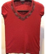 Eddie Bauer Women&#39;s Red Rust T-Shirt Embellished Neckline Cap Sleeves S ... - £17.14 GBP