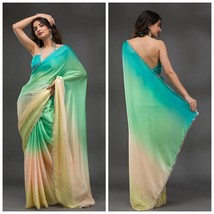 Green Satin Silk Saree,  stones studded lace work, Gift for her,  SALE SALE - £67.26 GBP