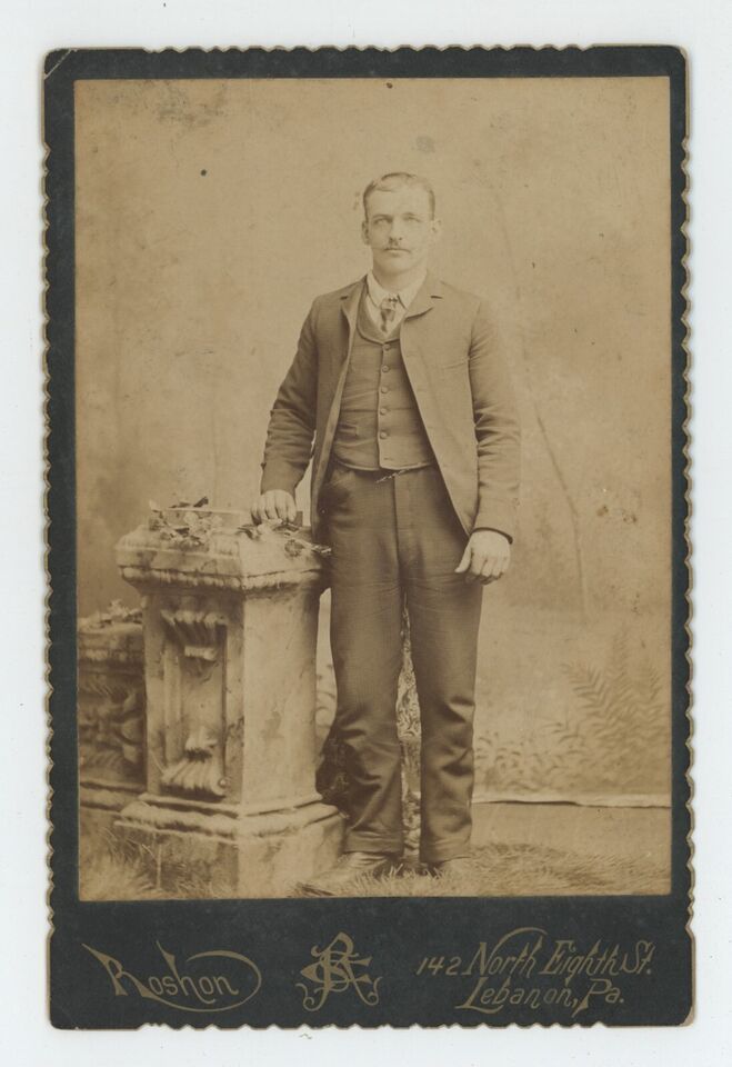 Primary image for Antique c1880s ID'd Cabinet Card Man Mustache Named Wilmer Herdig Lebanon, PA