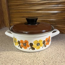 Vintage Austria Email Enamel Pot with Lid Floral Pot Brown Lid Double Ha... - $24.69