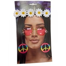 Hippie Kit Peace Sign Earrings Daisy Glasses Headband 60s Costume Accessory - £23.52 GBP