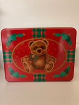 Vtg Red Green Plaid Teddy  Bear Square Xmas Cookie Candy Card Metal Tin Box 8x6” - £8.31 GBP