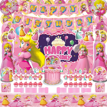 Princess Peach Party Birthday Supplies 145Ps - Party Decorations Included Backdr - £33.60 GBP