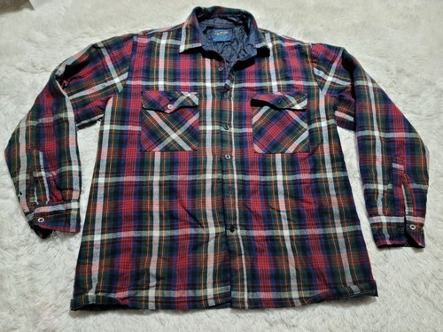 Vintage Quilt Lined Flannel Shirt Shacket L Blue Red Green (Missing Button) - $7.91