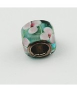 Square Blue Glass With Flowers Barrel  Charm Bead European  - £7.50 GBP