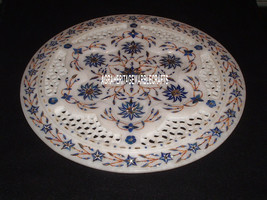 12&quot; White Lattice Marble Plate Lapis Lazuli Inlay Floral Art Kitchen Dec... - £316.69 GBP
