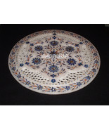 12&quot; White Lattice Marble Plate Lapis Lazuli Inlay Floral Art Kitchen Dec... - £311.93 GBP