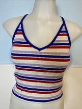 Kendall &amp; Kylie Red, White, Blue Striped V neck Spaghetti Strap Ribbed Cropped M - £9.71 GBP