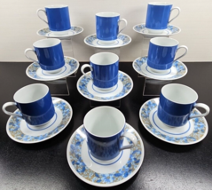 9 Mikasa Ultramarine Blue Mode Cups Saucers Set Vintage Floral Tea Cup Japan Lot - £139.96 GBP