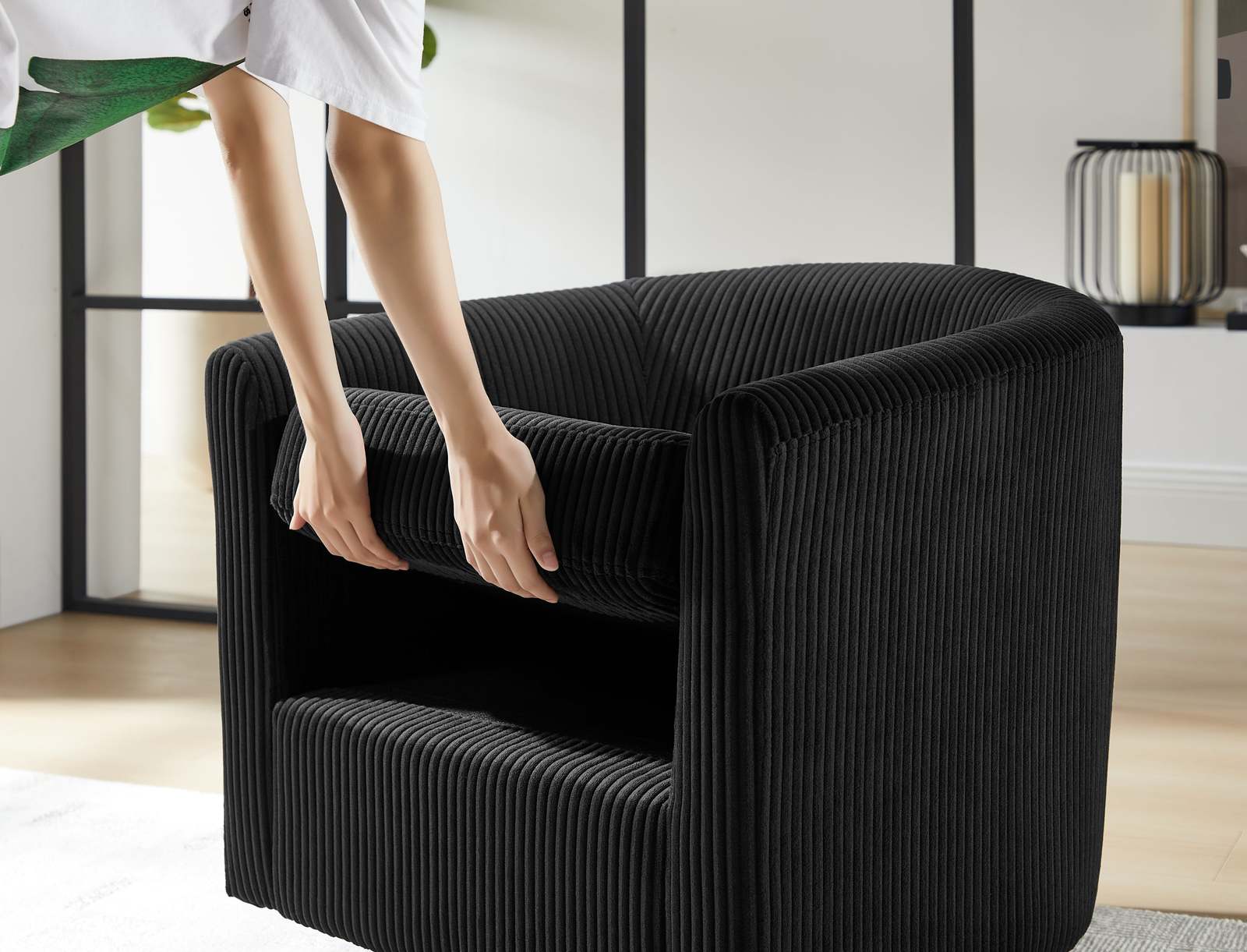 Black Corduroy 360° Swivel Accent Recliner Chair with Ottoman Item image 5