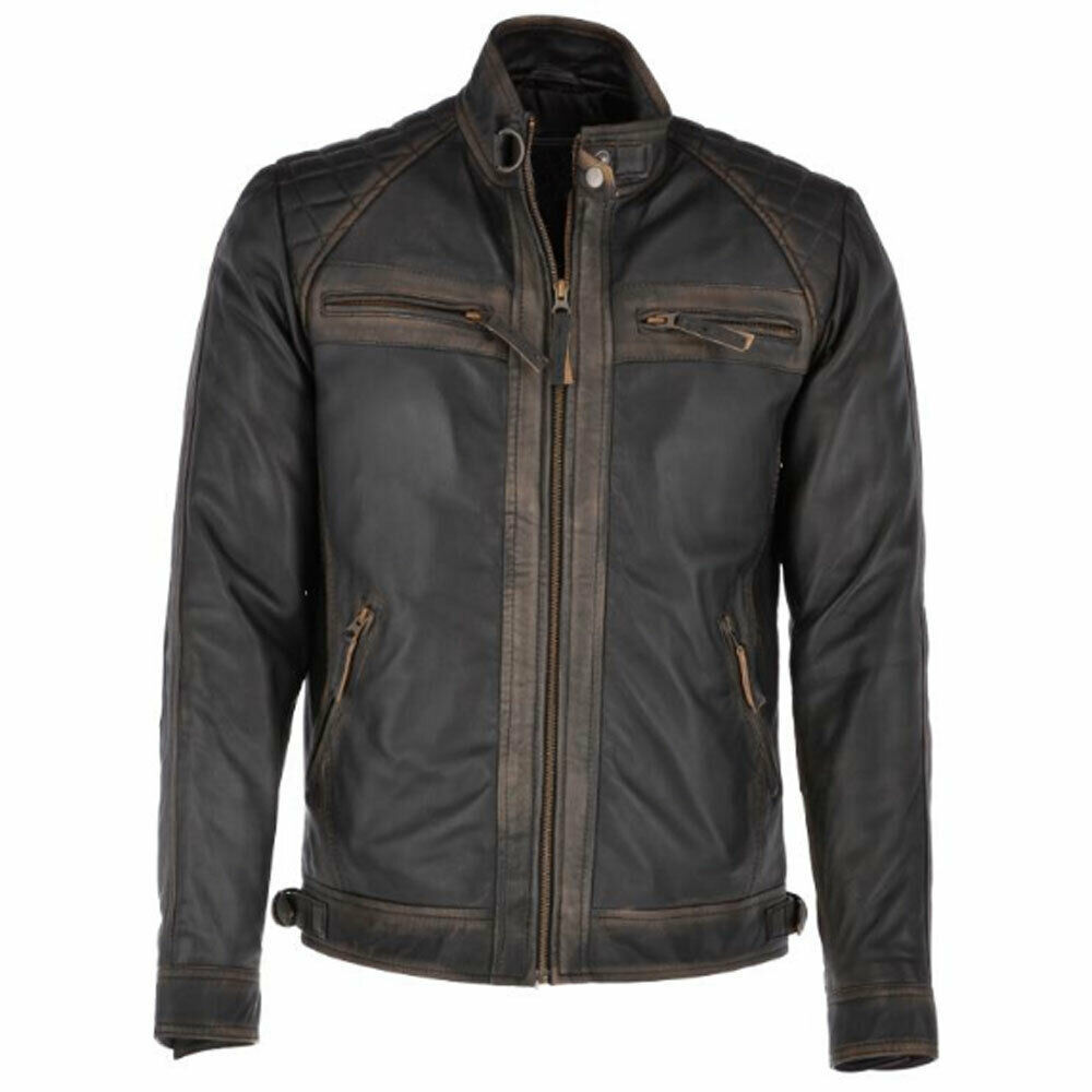 Men's Biker Vintage Motorcycle Faded Moto Distressed Black Leather Jacket - £83.81 GBP