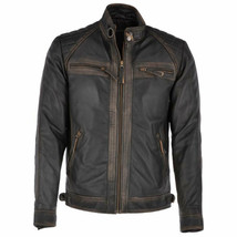 Men&#39;s Biker Vintage Motorcycle Faded Moto Distressed Black Leather Jacket - £82.00 GBP