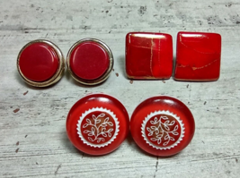 3 Pairs Vintage Red &amp; Gold Pierced Post Earrings Plastic Porcelain Chris... - $8.77