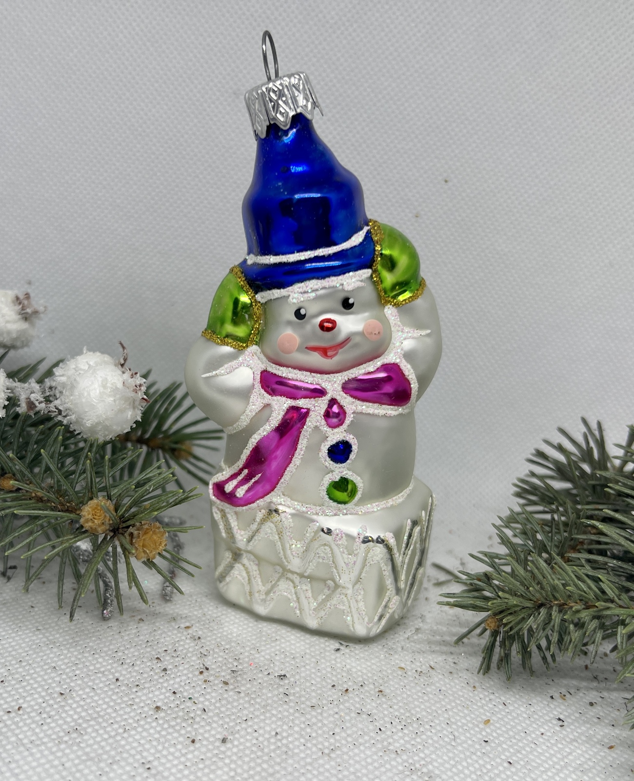 Primary image for Snowman in a blue hat glass Christmas handmade ornament, Christmas  decoration