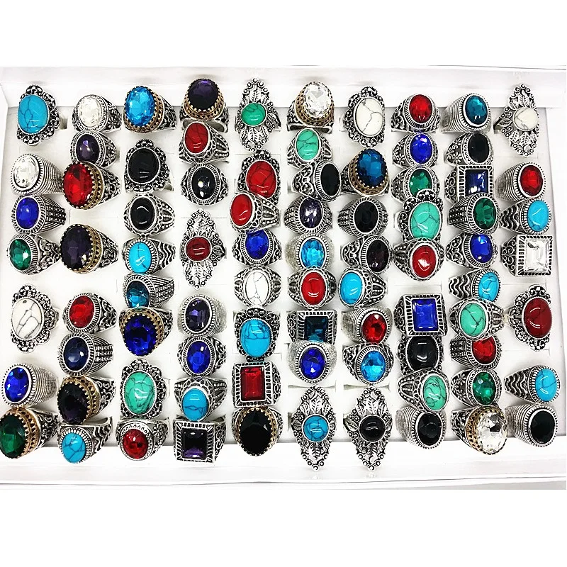 50pcs Tibetan Silver rings vintage mix Stone women&#39;s men&#39;s unisex antique alloy  - £45.68 GBP