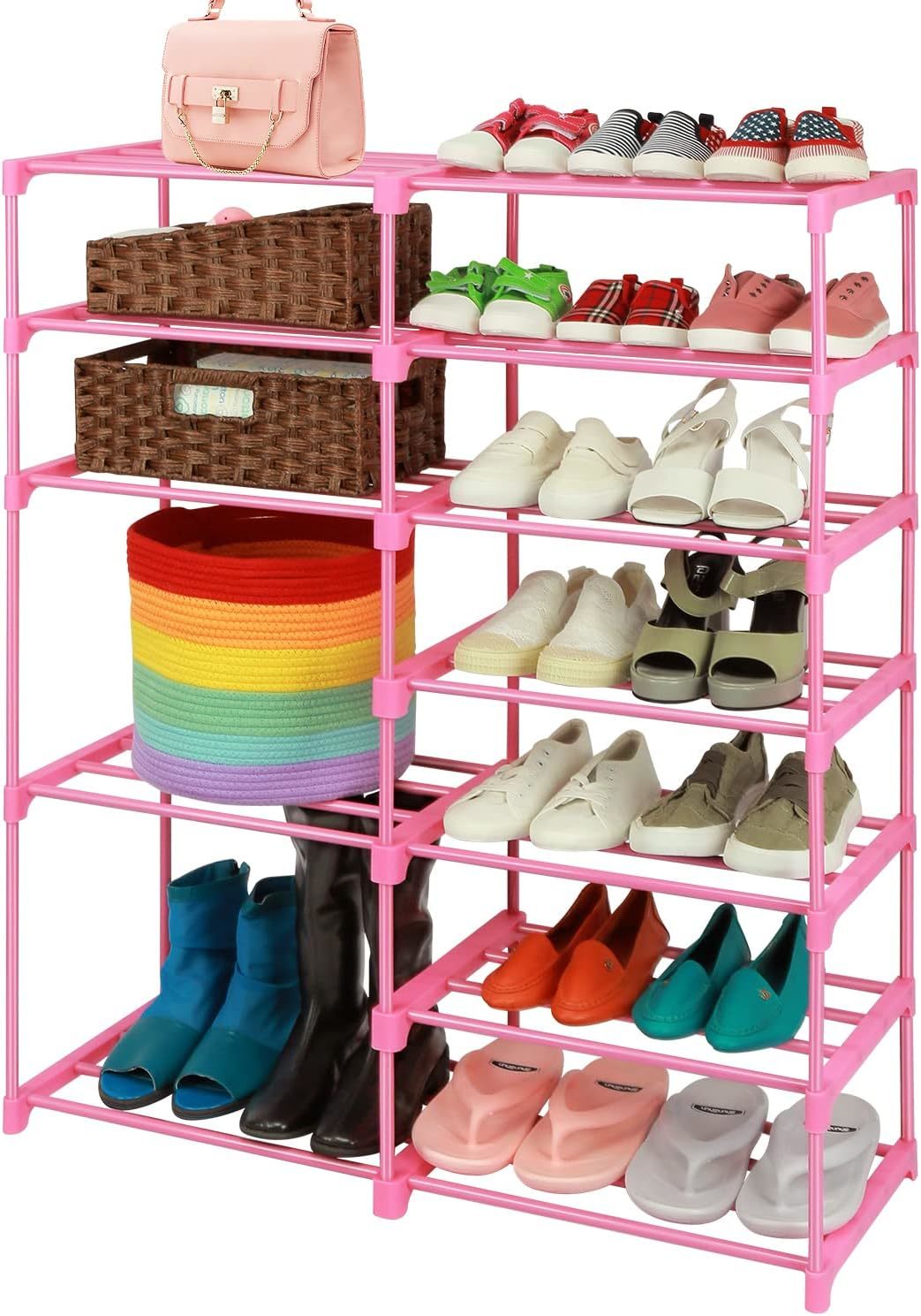 7-Tier Large Pink Shoe Rack, Kids Shoe Stand Boots Organizer For Garage ... - $37.97