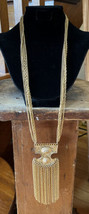 Vintage 70s Etruscan Style Gold Tone Multi Chain Fringe Statement Necklace - £116.18 GBP