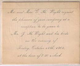 Vintage Invitation To Wedding Reception 1904   3 1/2&quot; x 3 1/2&quot; - $2.05